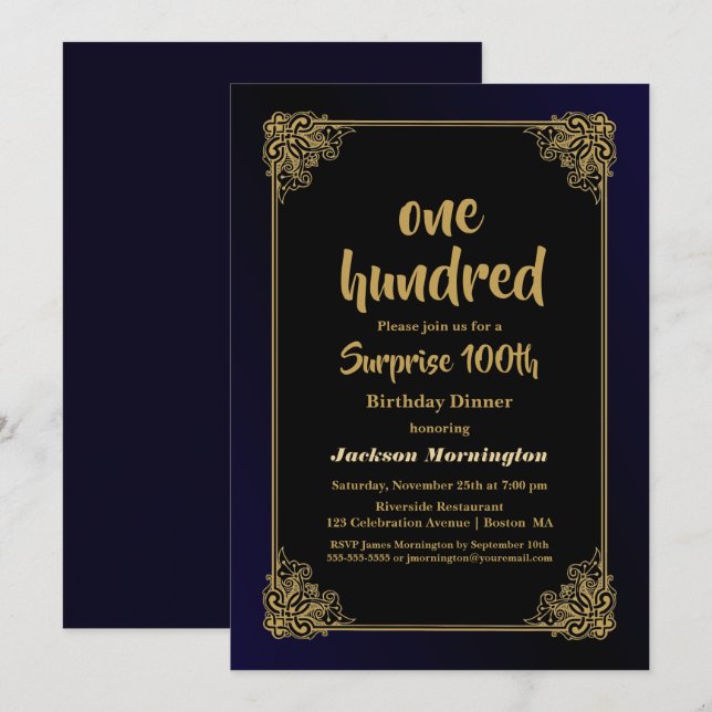 Invitación Cena de cumpleaños número 100 de Gold Border Surpr (Anverso / Reverso)