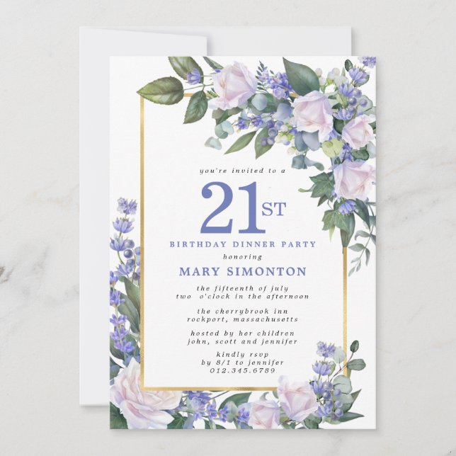 Invitación Cena de cumpleaños número 21 con flores azules bla (Anverso)