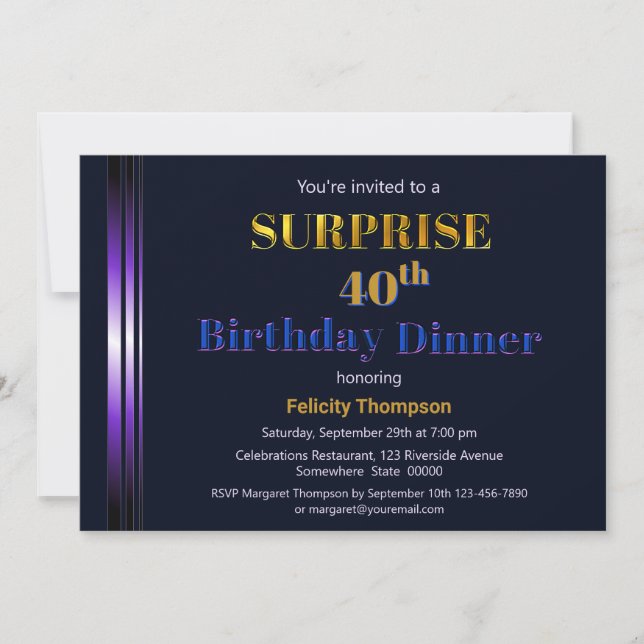 Invitación Cena de cumpleaños número 40 de Gold y Purple Surp (Anverso)