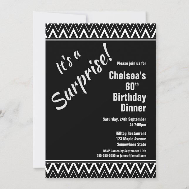 Invitación Cena de cumpleaños número 60 de Black White Chevro (Anverso)