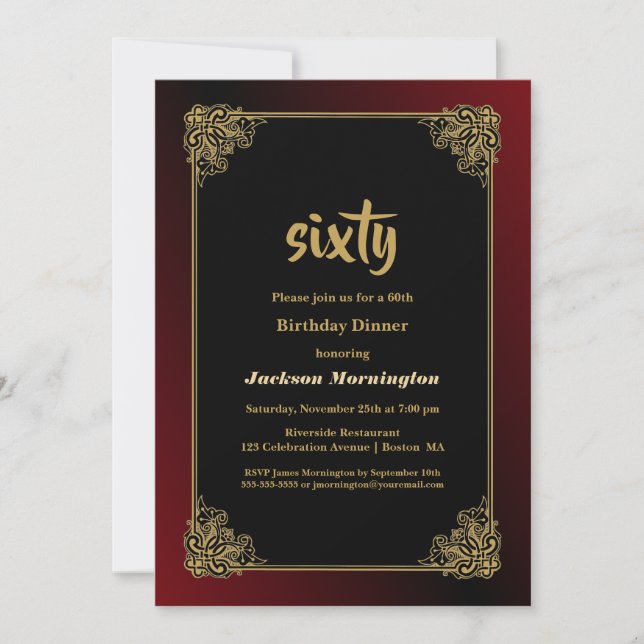 Invitación Cena de cumpleaños número 60 de Gold Border (Anverso)