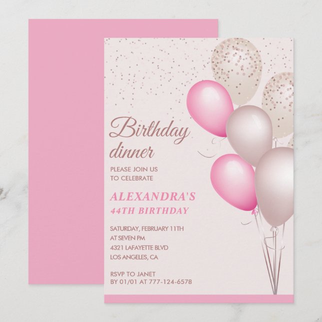 Invitación Cena de cumpleaños rosa moderna 44 cumpleaños (Anverso / Reverso)