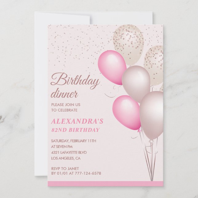 Invitación Cena de cumpleaños rosa moderna 82 cumpleaños (Anverso)