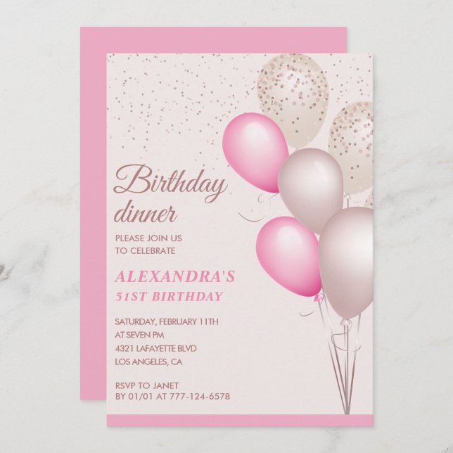 Invitación Cena de cumpleaños rosado 51 (Anverso / Reverso)