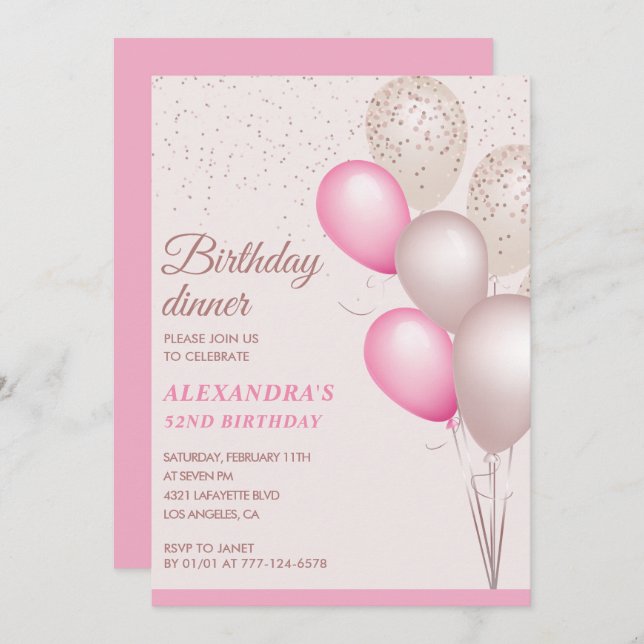 Invitación Cena de cumpleaños rosado 52 (Anverso / Reverso)