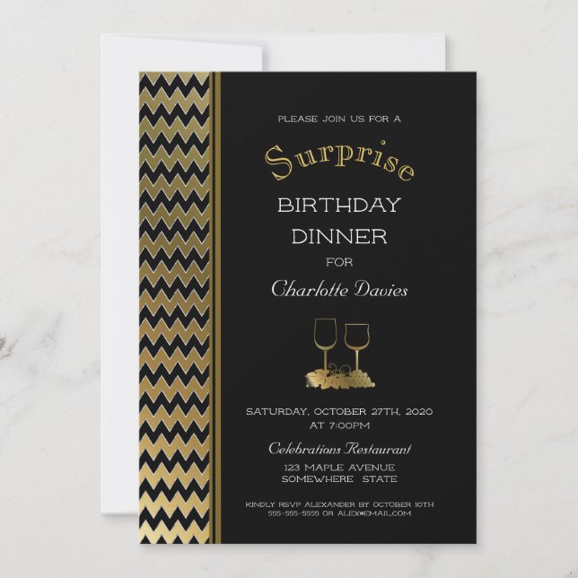 Invitación Cena de Cumpleaños Sorpresa Chevron Oro Negro (Anverso)