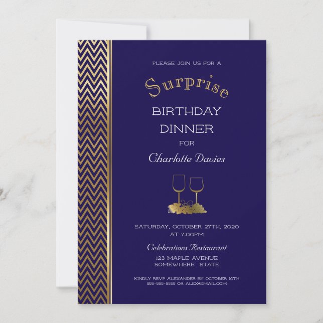 Invitación Cena de cumpleaños sorpresa de Navy Blue y Gold (Anverso)