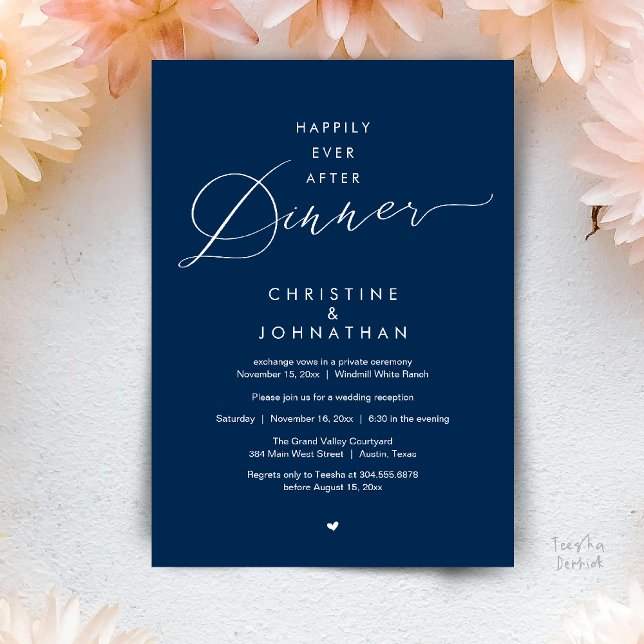 Invitación Cena de Después de Felices para Siempre Recepción  (Happily Ever After Dinner Modern Wedding Reception Invitation Card Elopement PDF Navy Blue)