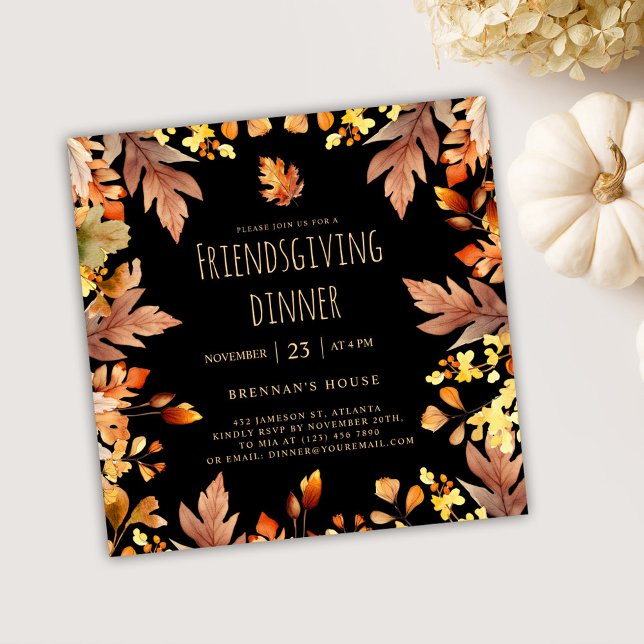 Invitación Cena de Día de Acción de Gracias de Acción de Grac (Black Elegant Friendsgiving Dinner Invitation)