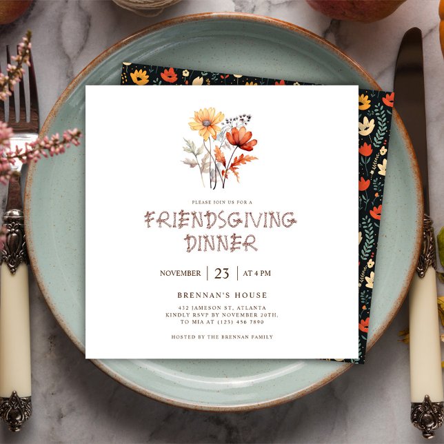 Invitación Cena de Día de Acción de Gracias de Flor Silvestre (Floral Modern Friendsgiving Dinner Invitation)