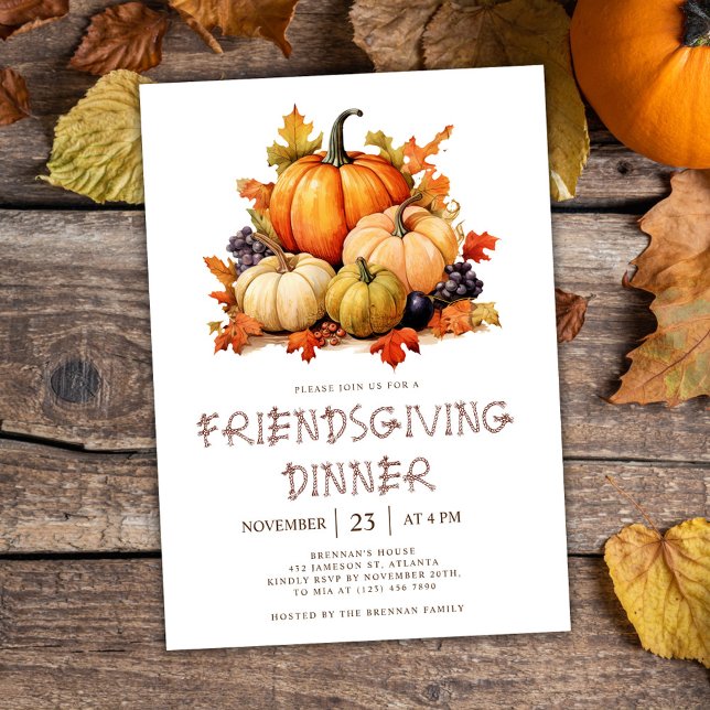 Invitación Cena de Día de Acción de Gracias para la Calabaza  (Thanksgiving Pumpkin Friendsgiving Dinner Invitation)