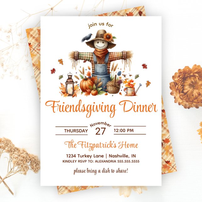 Invitación Cena de Día de Acción de Gracias Scarecrow Friends (Scarecrow Friendsgiving Feast Thanksgiving Dinner Invitation)