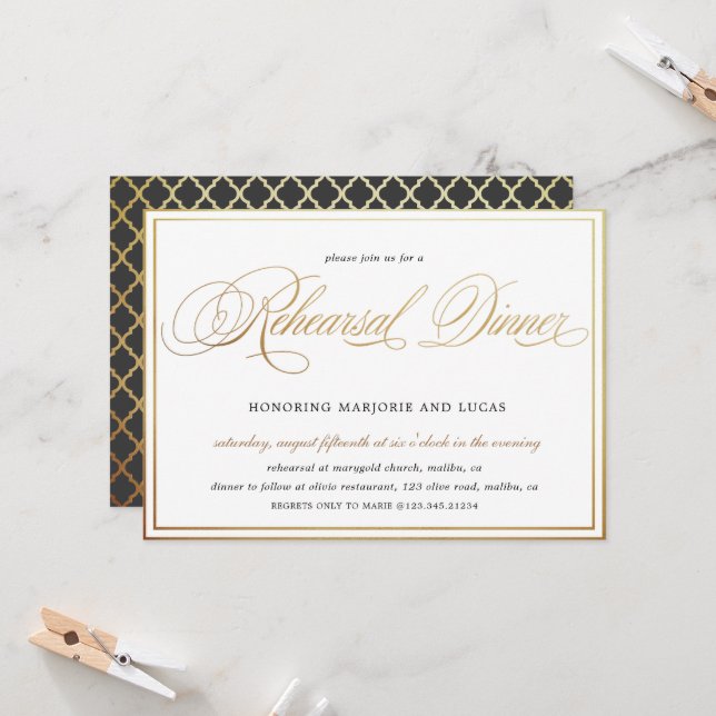 Invitación Cena de elegante caligrafía de oro (Anverso/Reverso In Situ)