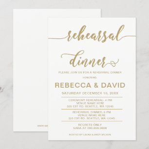 Invitación Cena de elegante guión blanco y dorado