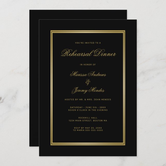 Invitación Cena de elegante guión de oro negro (Anverso / Reverso)