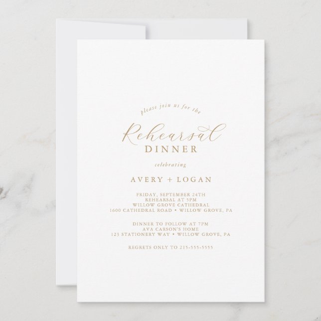 Invitación Cena de elegante guión dorado (Anverso)