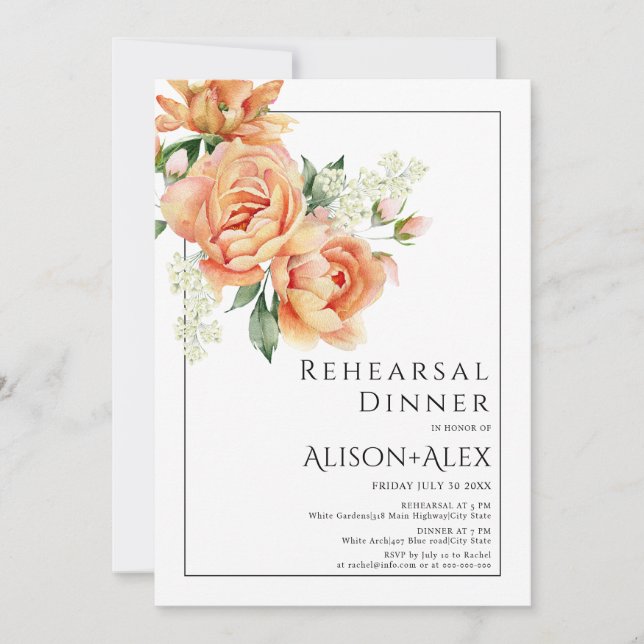 Invitación Cena de elegante oeach peony con flores (Anverso)