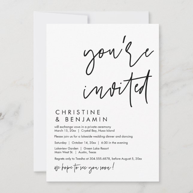 Invitación Cena de Elopement boda, escritura caótica moderna (Anverso)