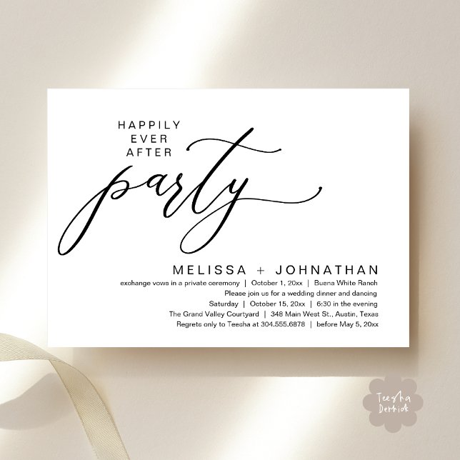 Invitación Cena de Elopement de la Fiesta Romántica de Felice (Romantic Modern Happily Ever After Party Elopement Dinner Invitation Card PDF in Classy Black White)