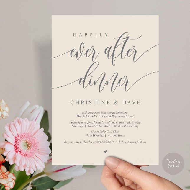 Invitación Cena de Elopement Felices para Siempre, Crema Gris (Happily Ever After Dinner Invitation Card, PDF, Modern Calligraphy Script, in Cream Dark Grey)