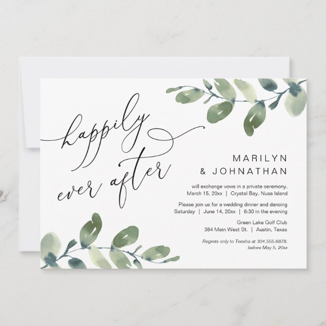 Invitación Cena de Elopement Felices para Siempre Eucalipto (Anverso)