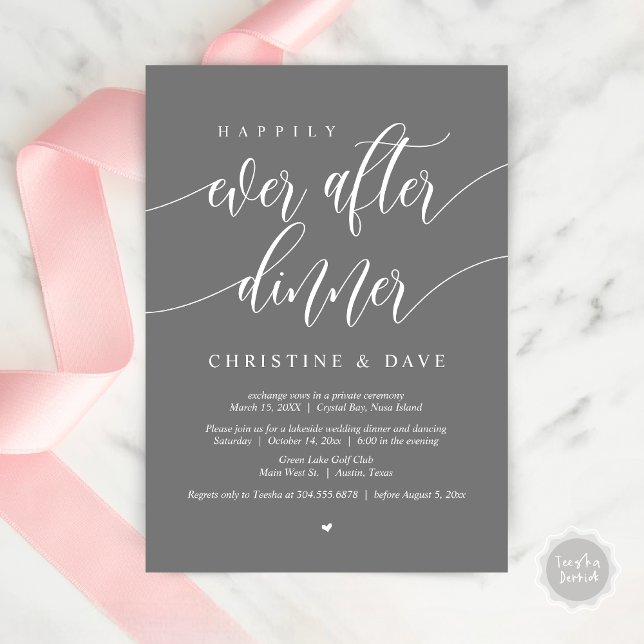Invitación Cena de Elopement Felices para Siempre, Gris Oscur (Happily Ever After Dinner Invitation Card, PDF, Modern Calligraphy Script, in Dark Grey)