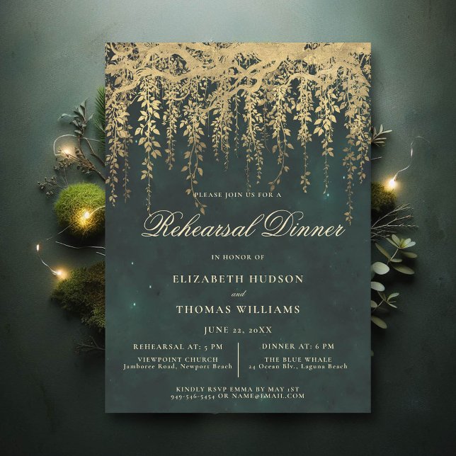 Invitación Cena de Encantados Forestales Esmeraldas de Oro (wedding rehearsal invitation elegant enchanted forest fairytale gold vines calligraphy)