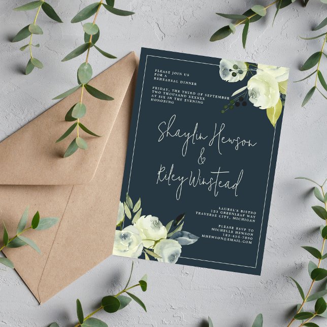 Invitación Cena de Encantamiento Floral de Medianoche Blue (Subido por el creador)