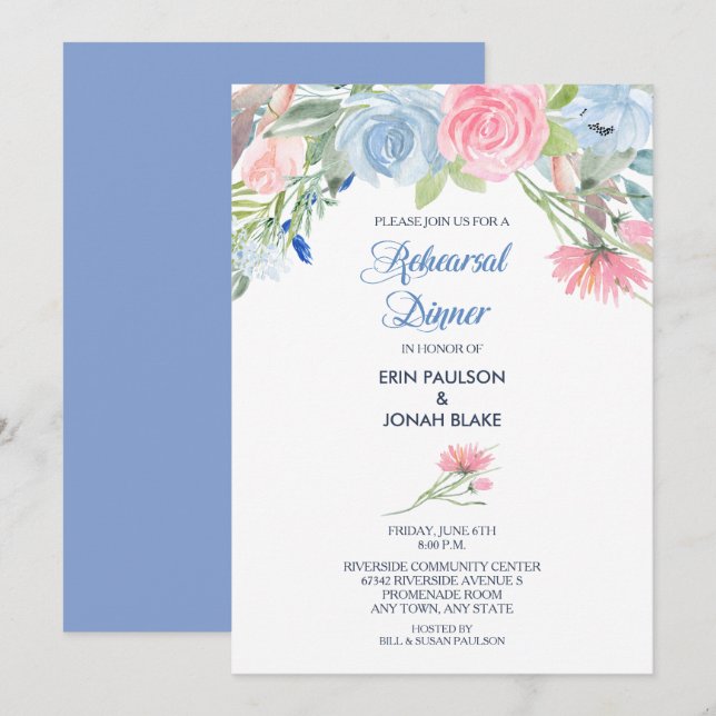 Invitación Cena de ensayo acuarela azul rosado floral (Anverso / Reverso)