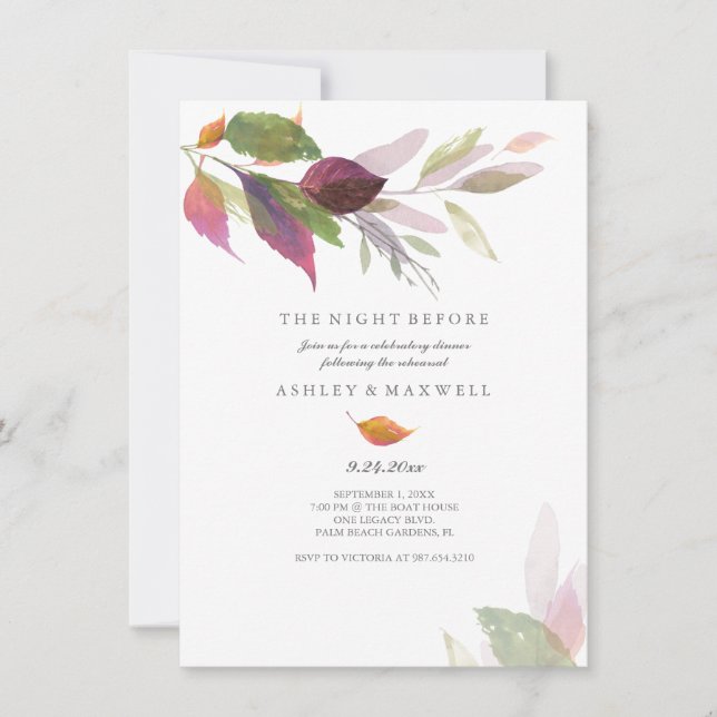 Invitación Cena de Ensayo Acuarela Hojas de Otoño (Anverso)