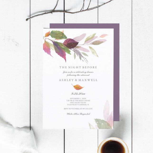 Invitación Cena de Ensayo Acuarela Hojas de Otoño (rehearsal dinner invitations the night before autumn leaves purple)