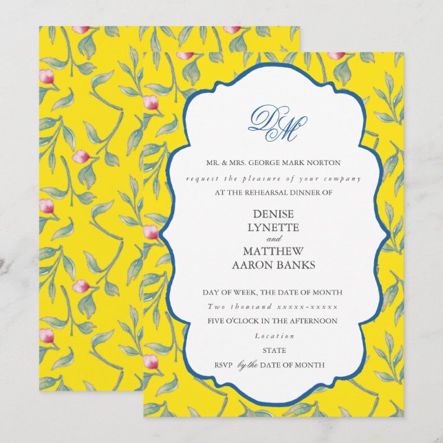 Invitación Cena de ensayo amarillo llamativo (Anverso / Reverso)