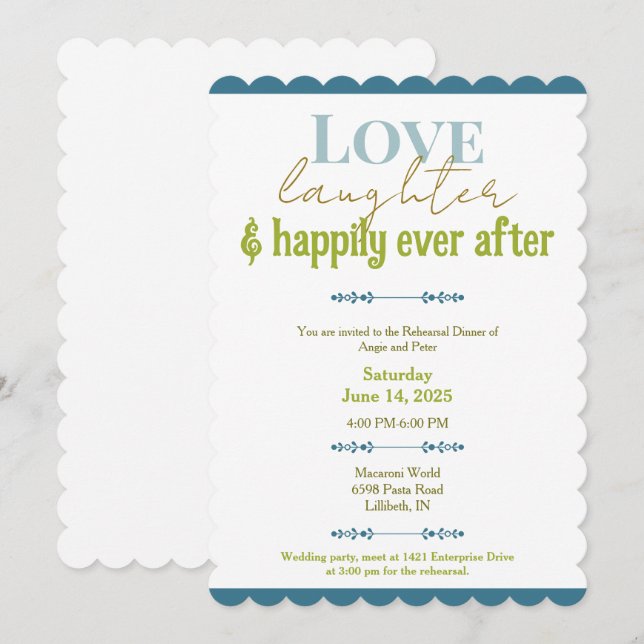 Invitación Cena de Ensayo Amor, Risa, Felices para Siempre (Anverso / Reverso)