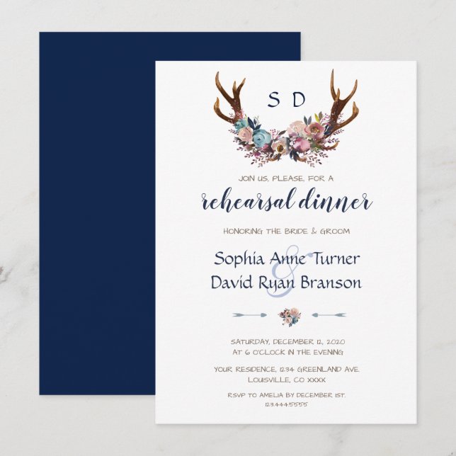 Invitación Cena de ensayo | Antlers Floral rosa azul turbio (Anverso / Reverso)
