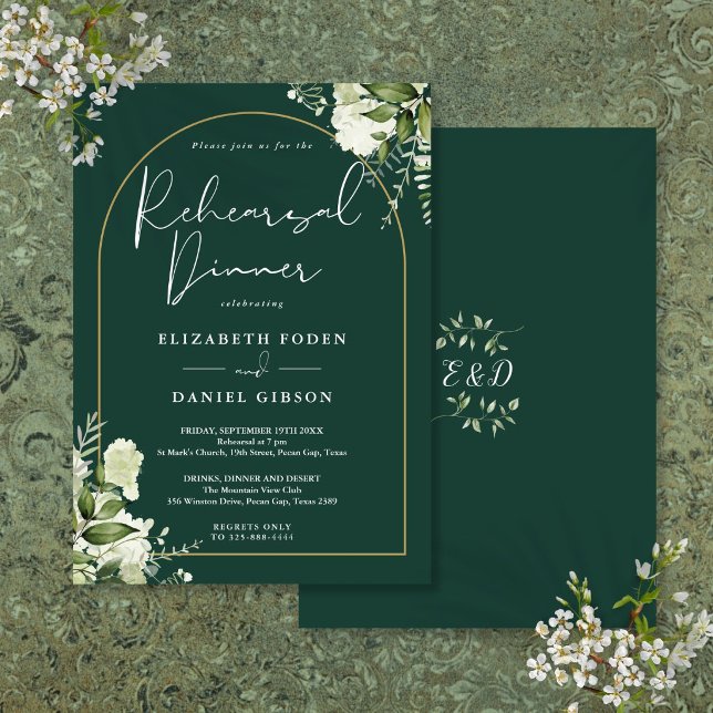Invitación Cena de Ensayo Arco de Oro Esmeralda Verdor (Gold Arch Emerald Greenery Rehearsal Dinner Invitation)