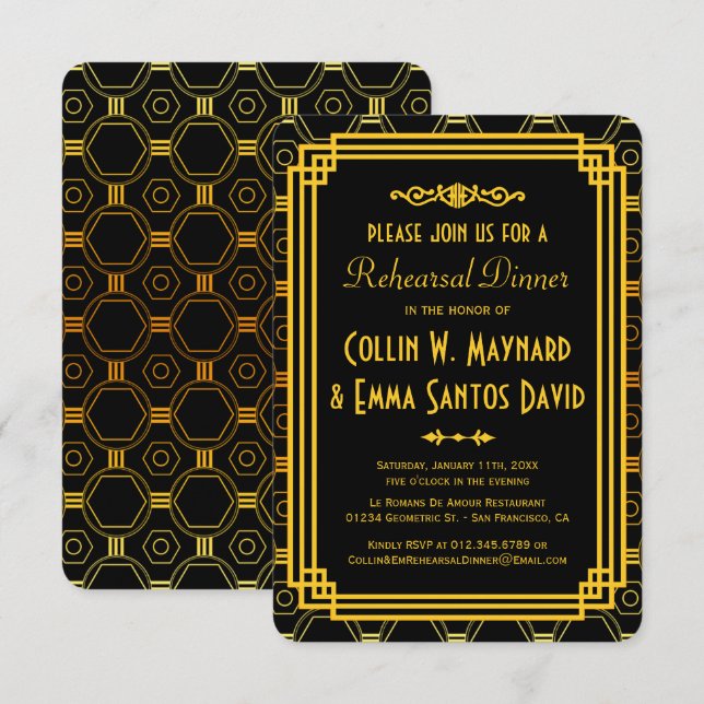 Invitación Cena de ensayo Art Deco Black y Gold (Anverso / Reverso)