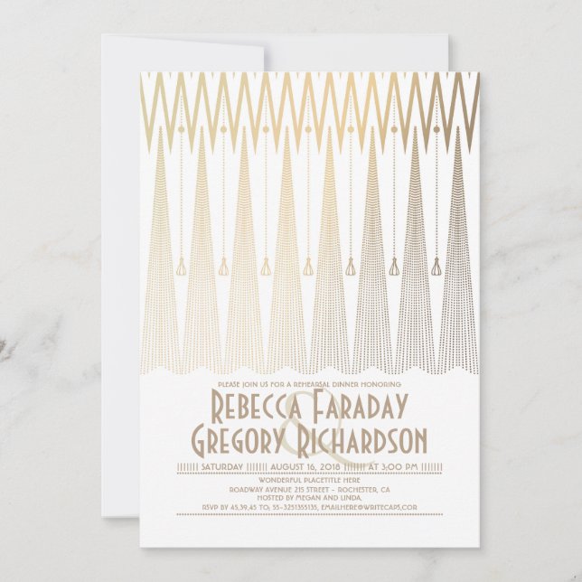 Invitación Cena de ensayo Art Deco Blanco y Oro Gatsby (Anverso)