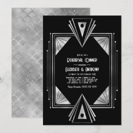 Invitación Cena de ensayo Art Déco negra y plateada moderna