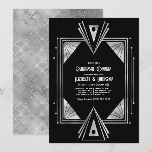 Invitación Cena de ensayo Art Déco negra y plateada moderna