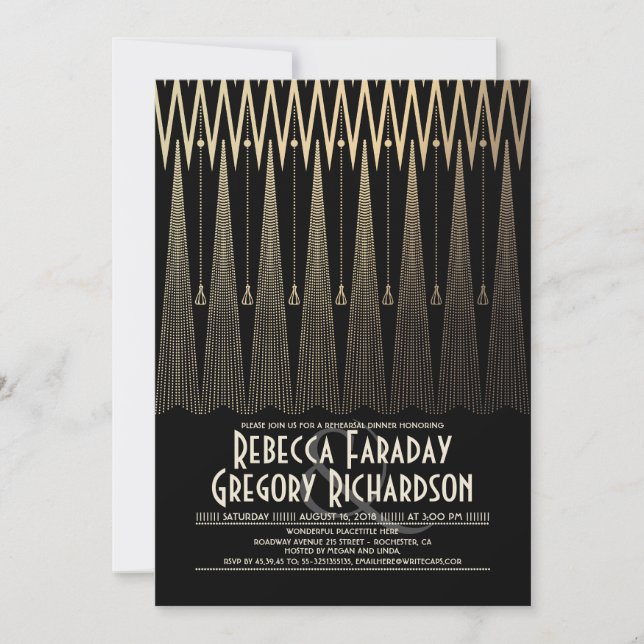 Invitación Cena de ensayo Art Deco Negro y Gatsby de oro (Anverso)