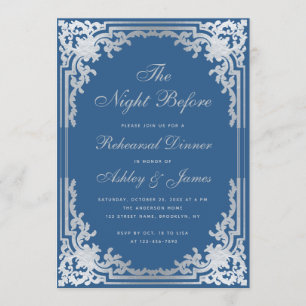 Invitación Cena de Ensayo Azul Clásico Plateado Vintage
