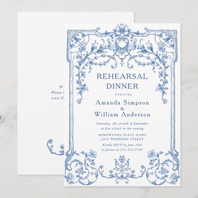 Invitación Cena de ensayo azul de Grace Dusty Ornate Victoria (Anverso / Reverso)