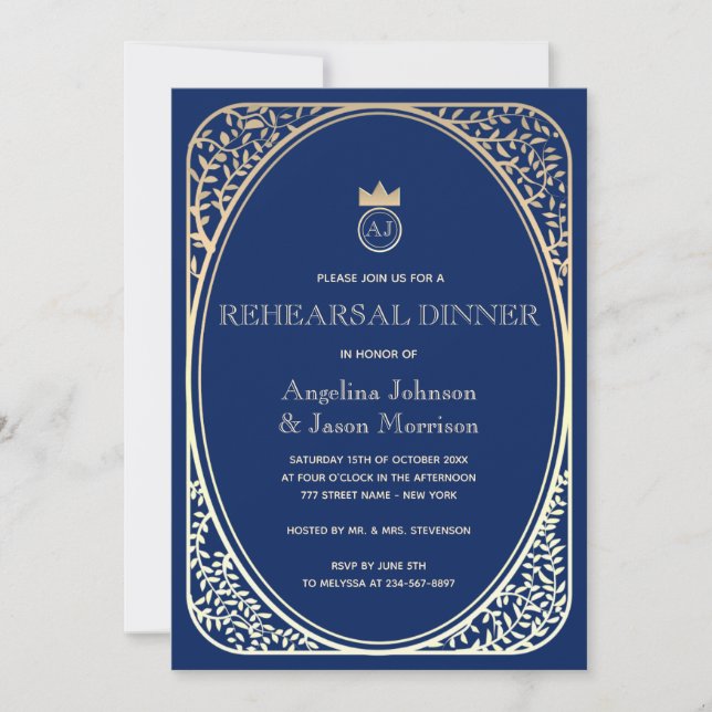 Invitación Cena de ensayo azul de la marina (Anverso)
