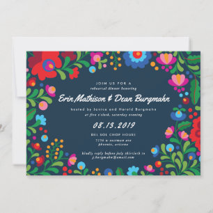 Invitación Cena de ensayo azul de la marina de bordado mexica