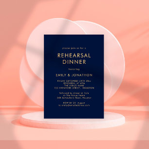 Invitación Cena de ensayo azul de la marina de oro simple