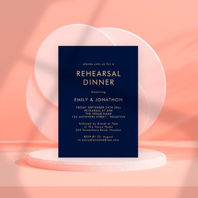 Invitación Cena de ensayo azul de la marina de oro simple (Subido por el creador)