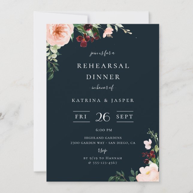 Invitación Cena de ensayo azul de la Marina Floral de Rubor e (Anverso)