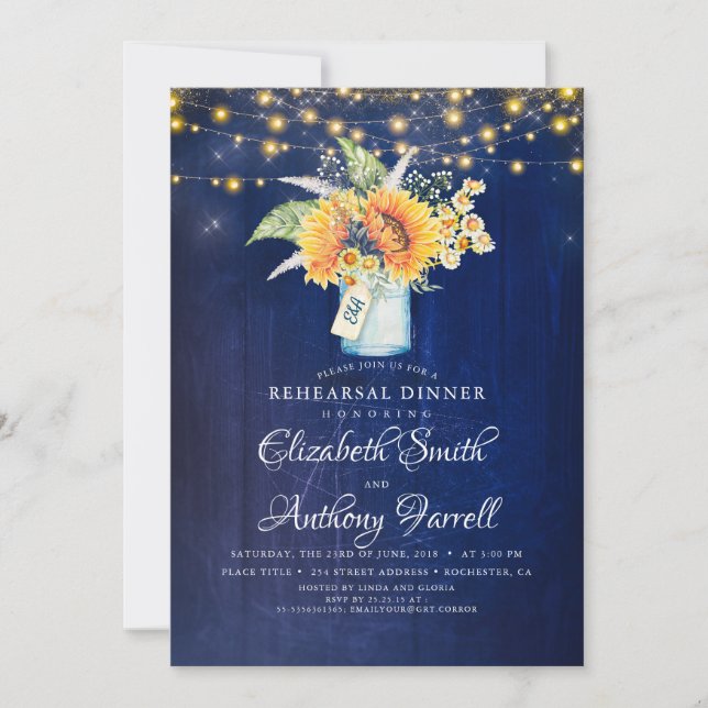 Invitación Cena de ensayo azul de la Marina Rustica de los gi (Anverso)