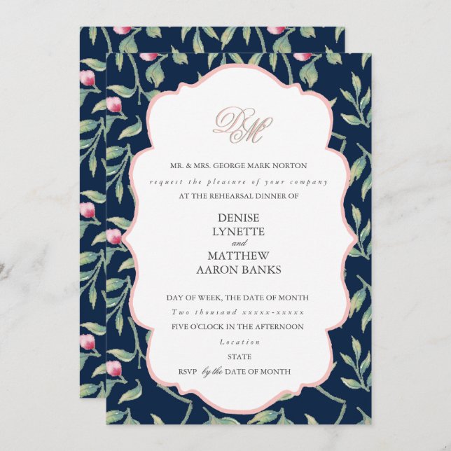 Invitación Cena de ensayo azul de noche polar y rosa gasa (Anverso / Reverso)