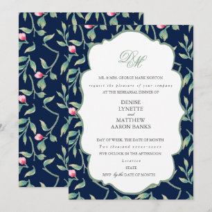 Invitación Cena de ensayo azul de noche polar y verde albahac
